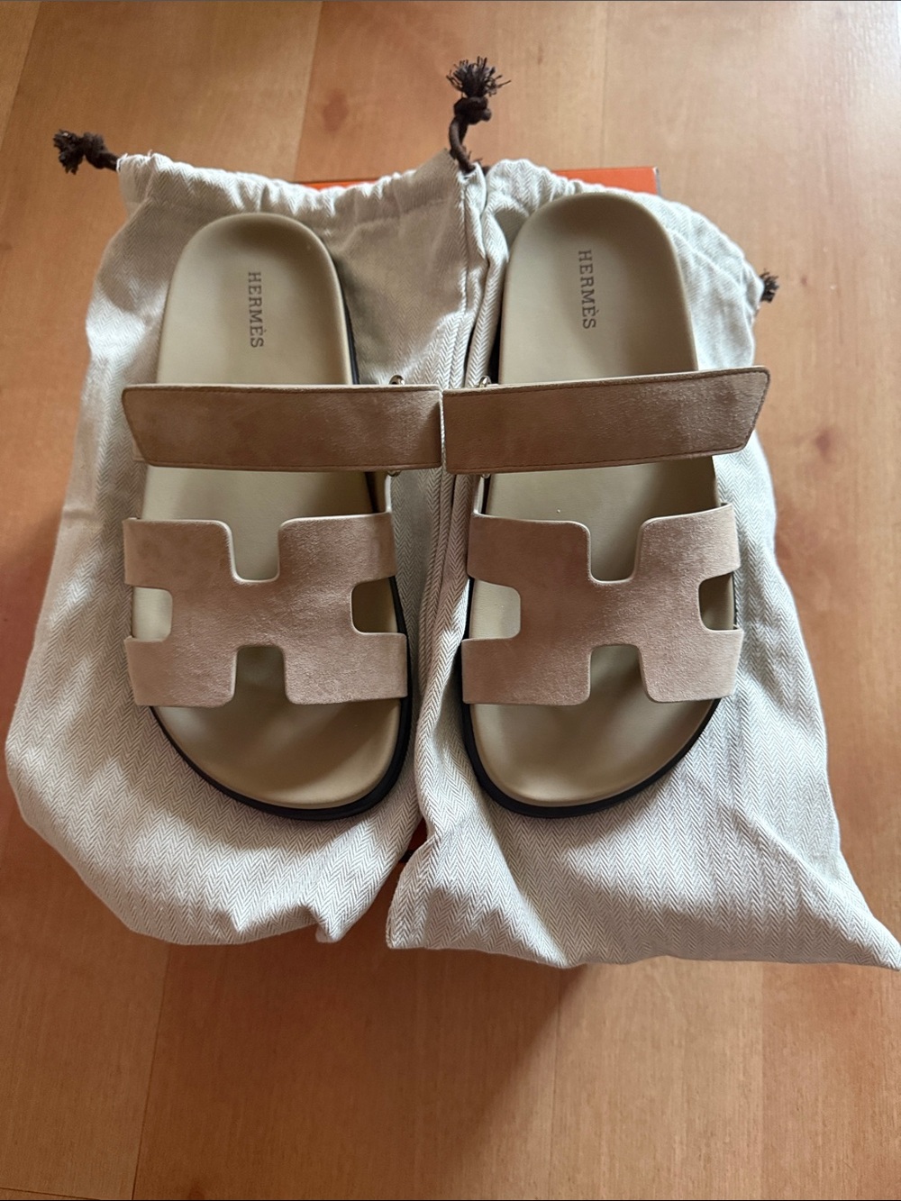Hermes Beige Suede H-Logo Slide Sandals